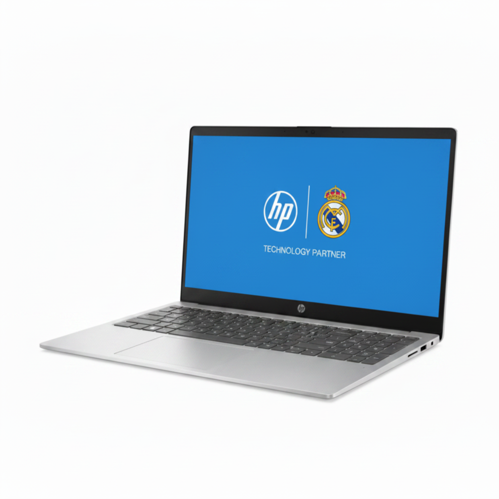 Laptop HP plateada vista frontal con logo del Real Madrid en pantalla