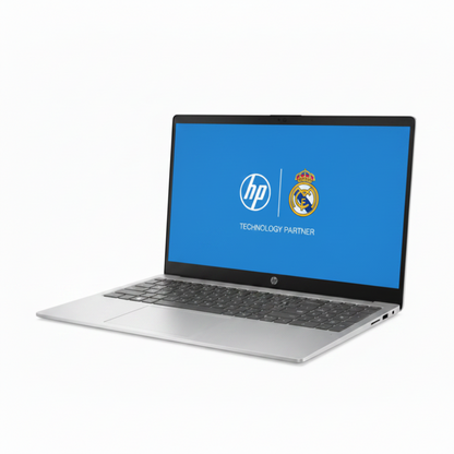 Laptop HP plateada vista frontal con logo del Real Madrid en pantalla