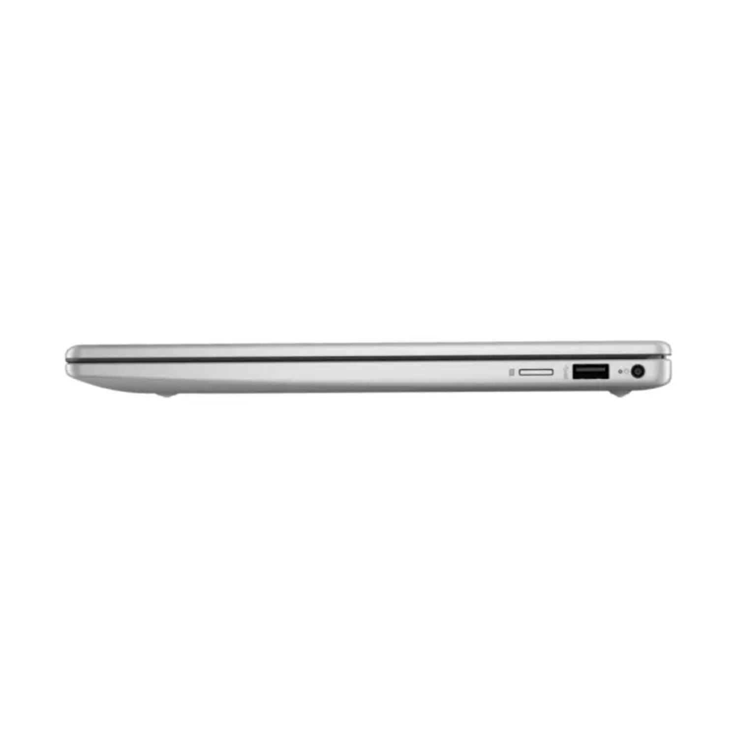 Laptop HP plateada vista lateral, delgada y elegante