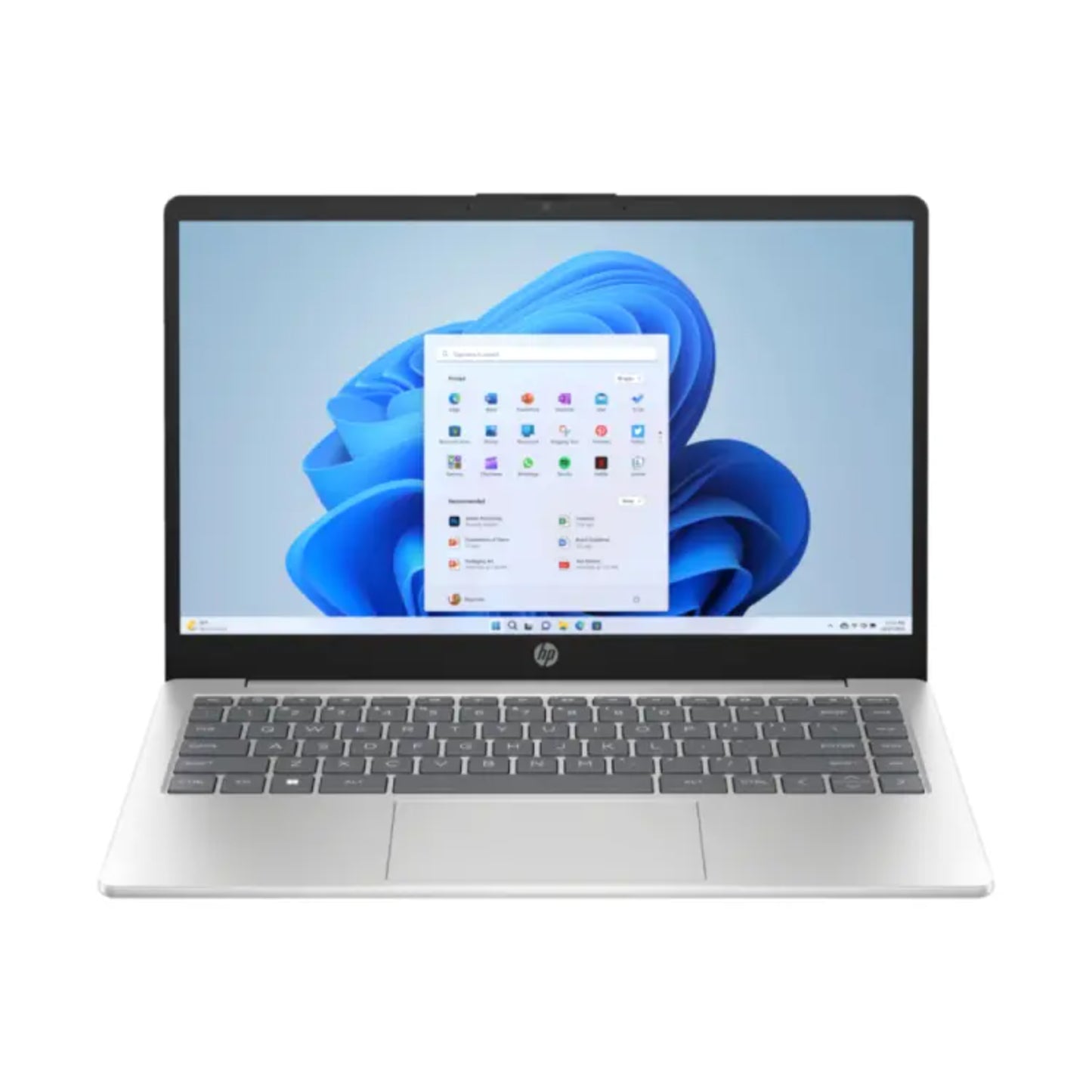 Laptop HP gris con pantalla Windows 11, vista frontal