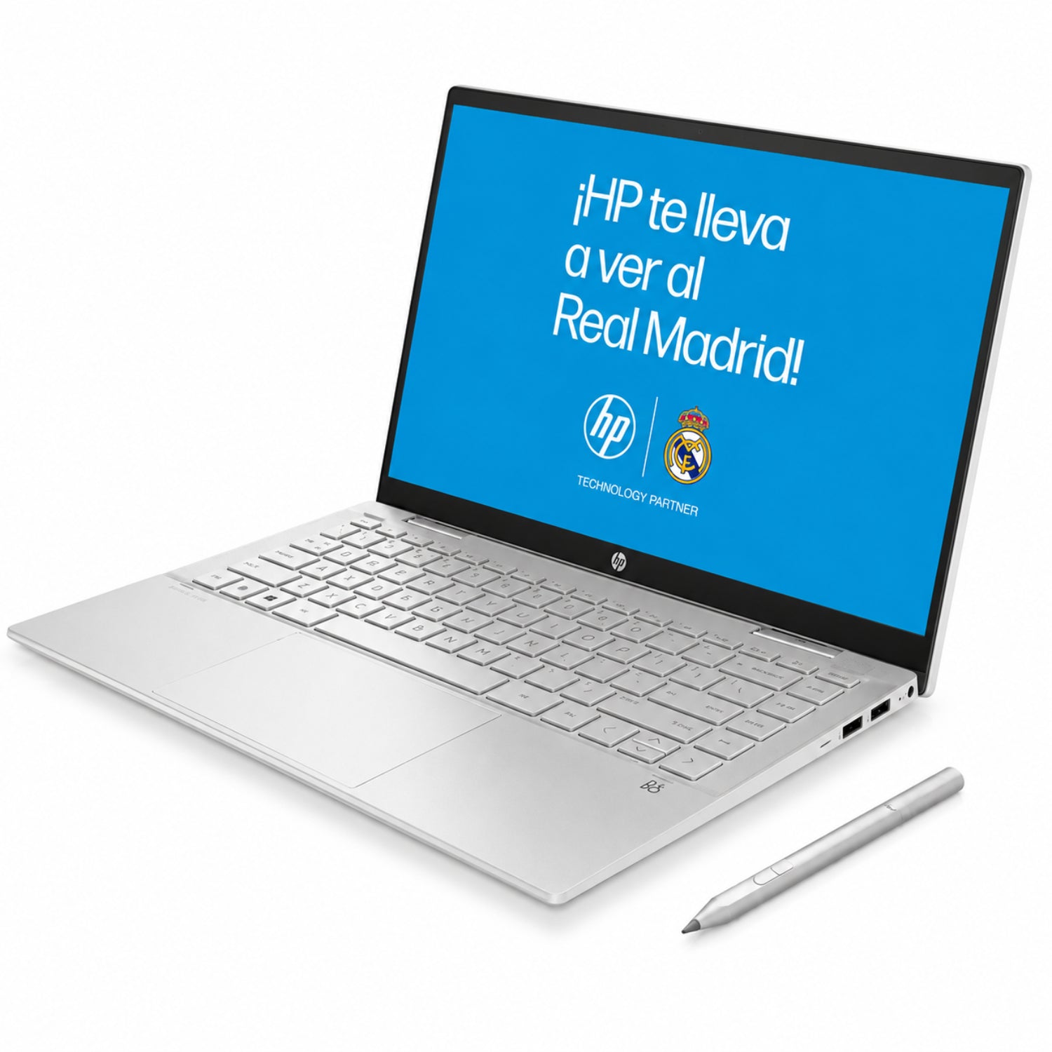 Laptop HP blanca vista lateral con pantalla que promociona el Real Madrid