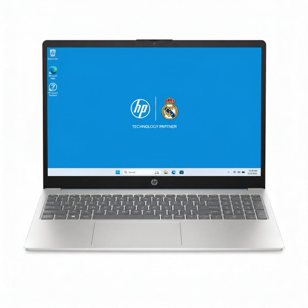 Laptop HP plateada frontal, pantalla encendida y diseño moderno