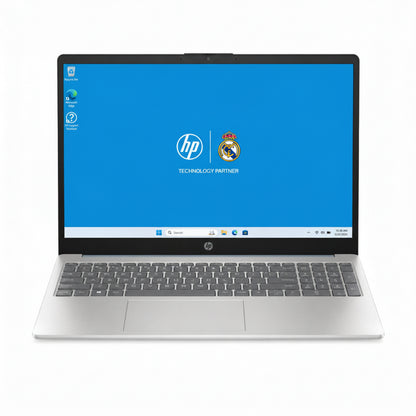 Laptop HP plateada frontal, pantalla encendida y diseño moderno