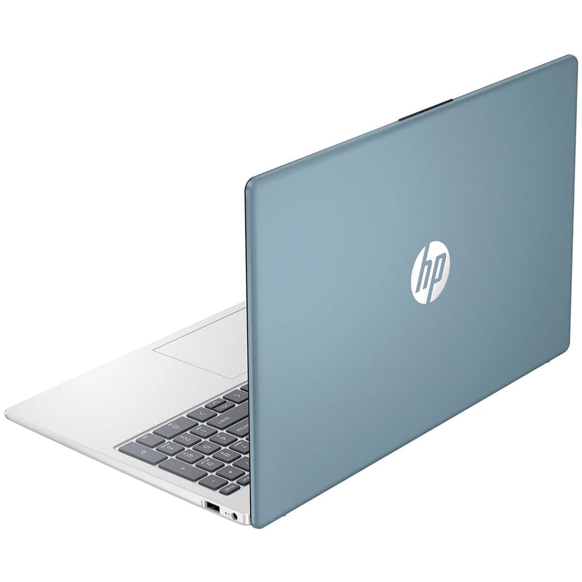 Laptop HP azul, vista trasera, diseño elegante y delgado