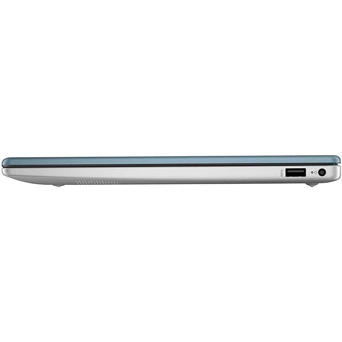 Laptop HP azul lateral con puertos USB y diseño delgado