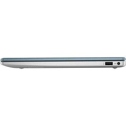 Laptop HP azul lateral con puertos USB y diseño delgado