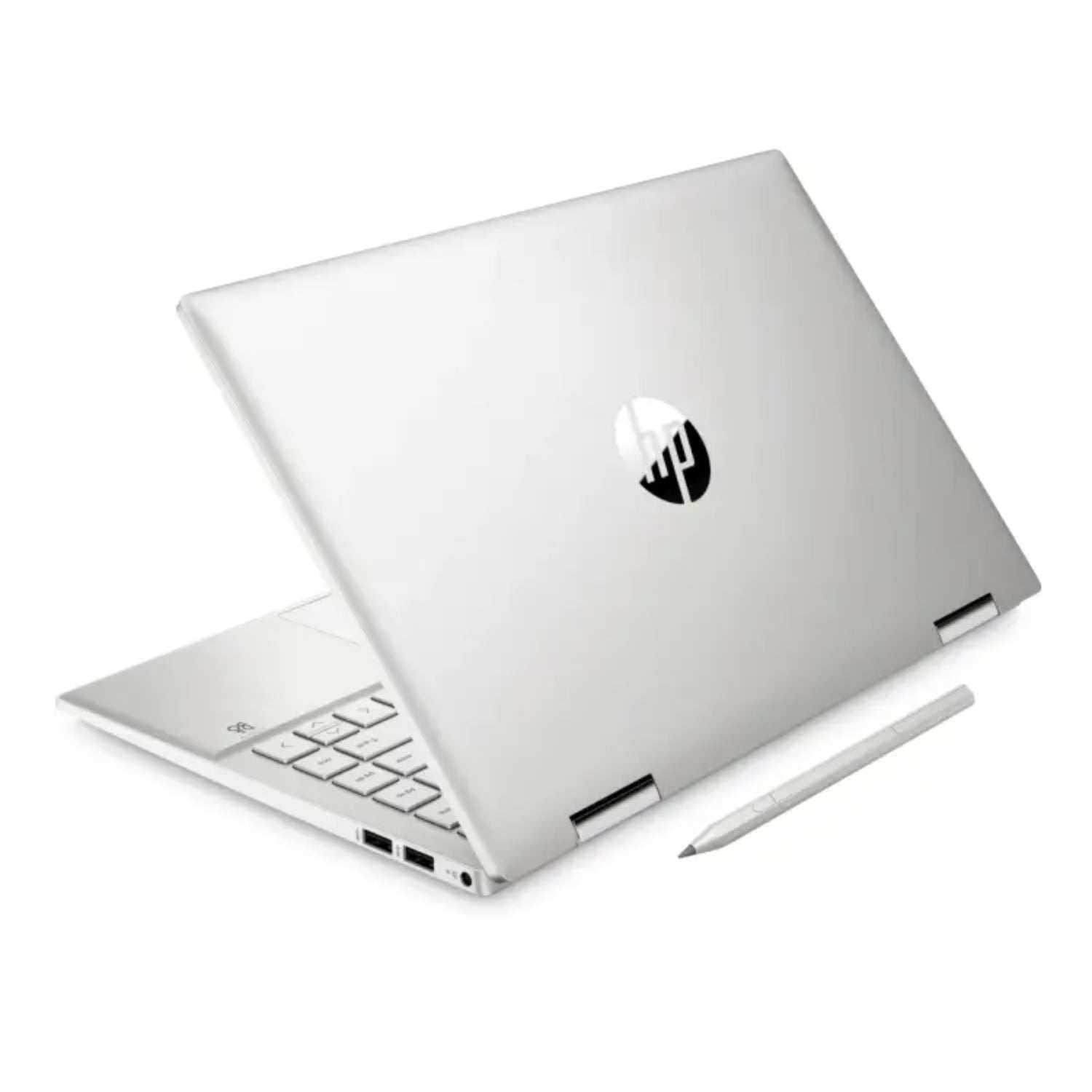 Laptop HP gris vista trasera, con lápiz óptico al lado