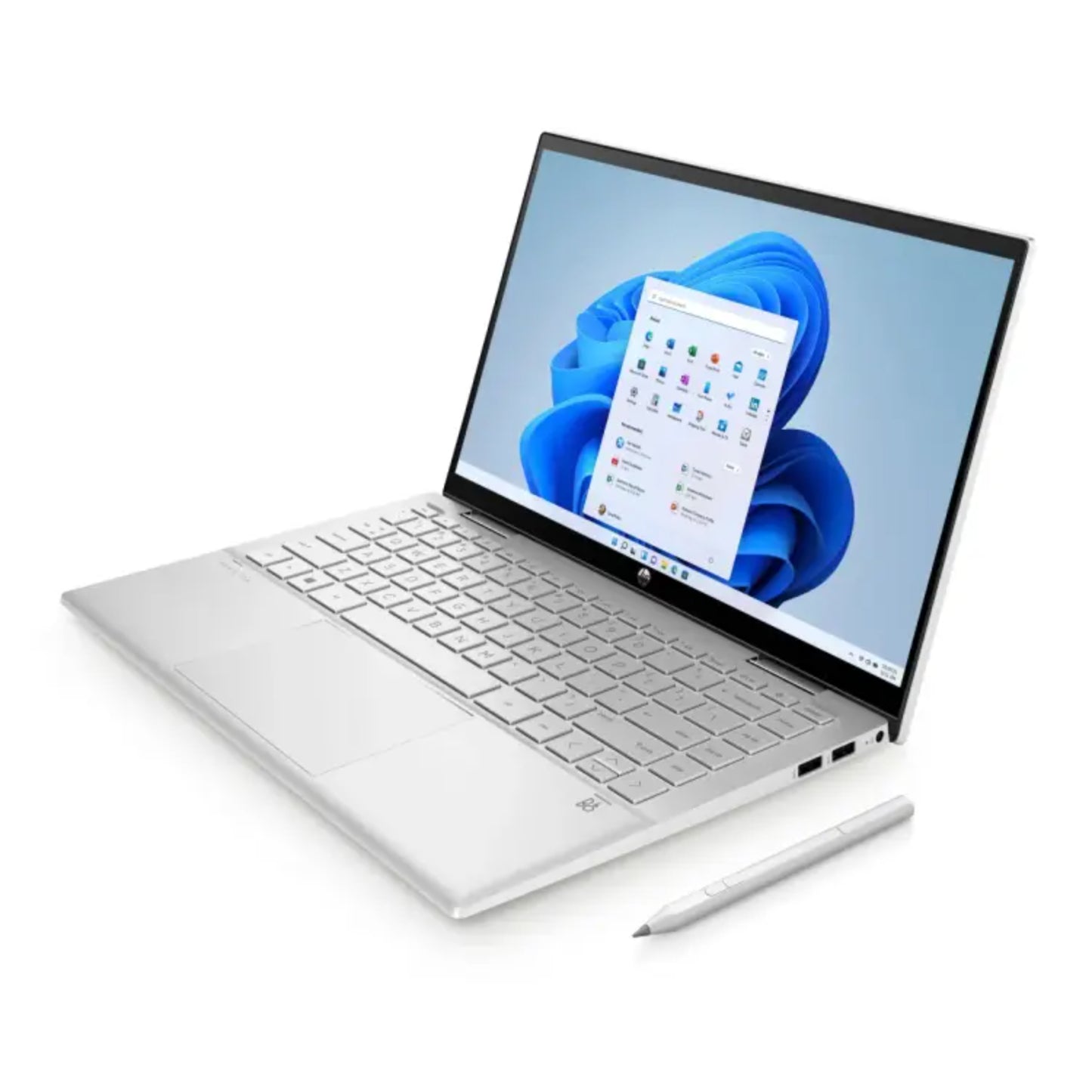 Laptop HP blanca, vista lateral con pantalla Windows 11 y stylus