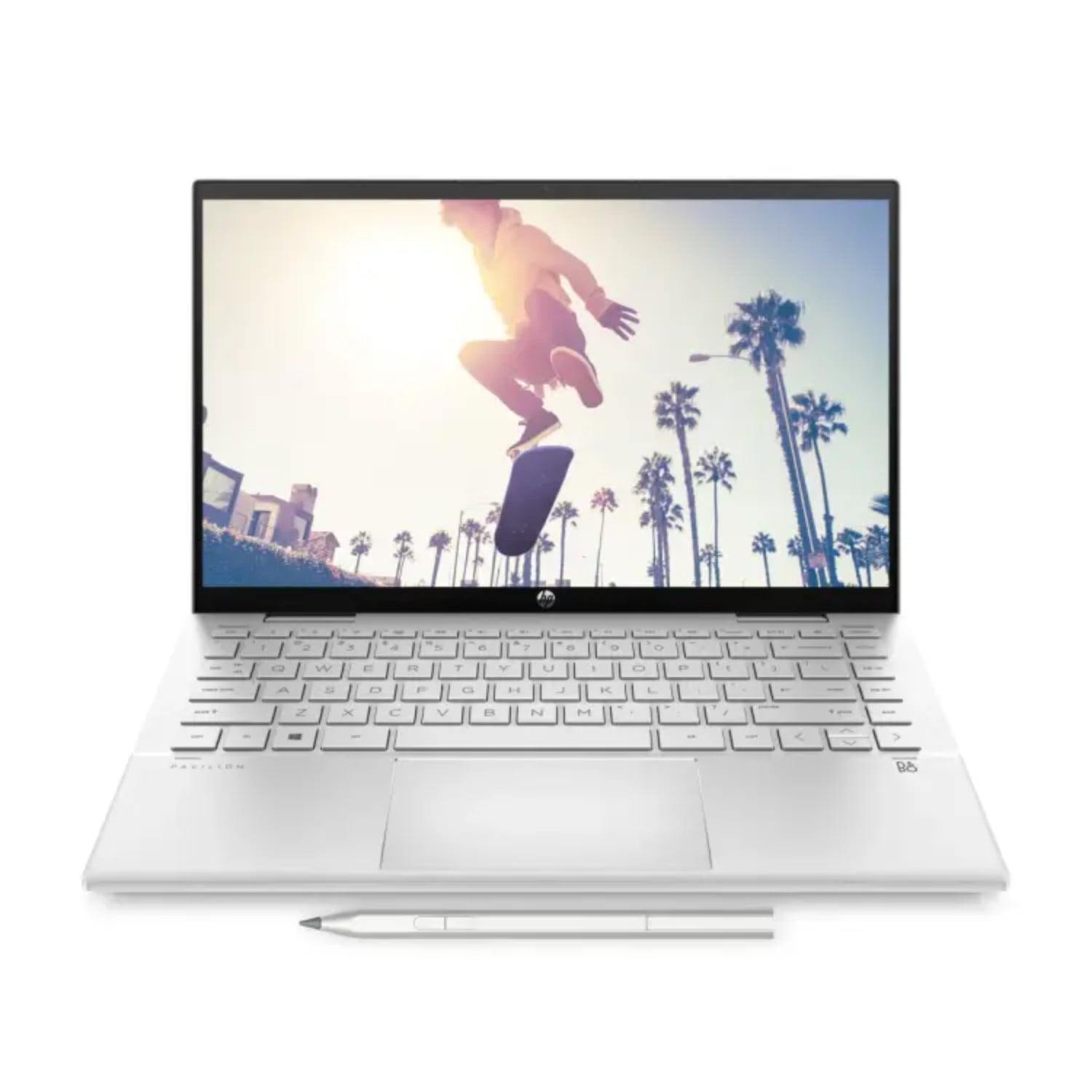 Laptop HP blanca vista frontal con pantalla y lápiz óptico