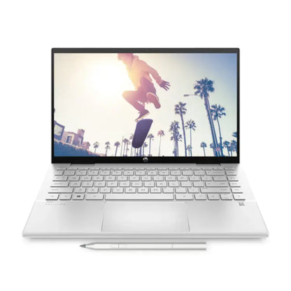 Laptop HP blanca vista frontal con pantalla y lápiz óptico