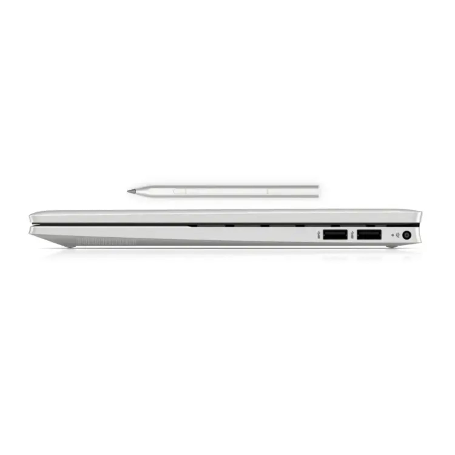 Laptop blanca HP vista lateral con lápiz óptico al lado