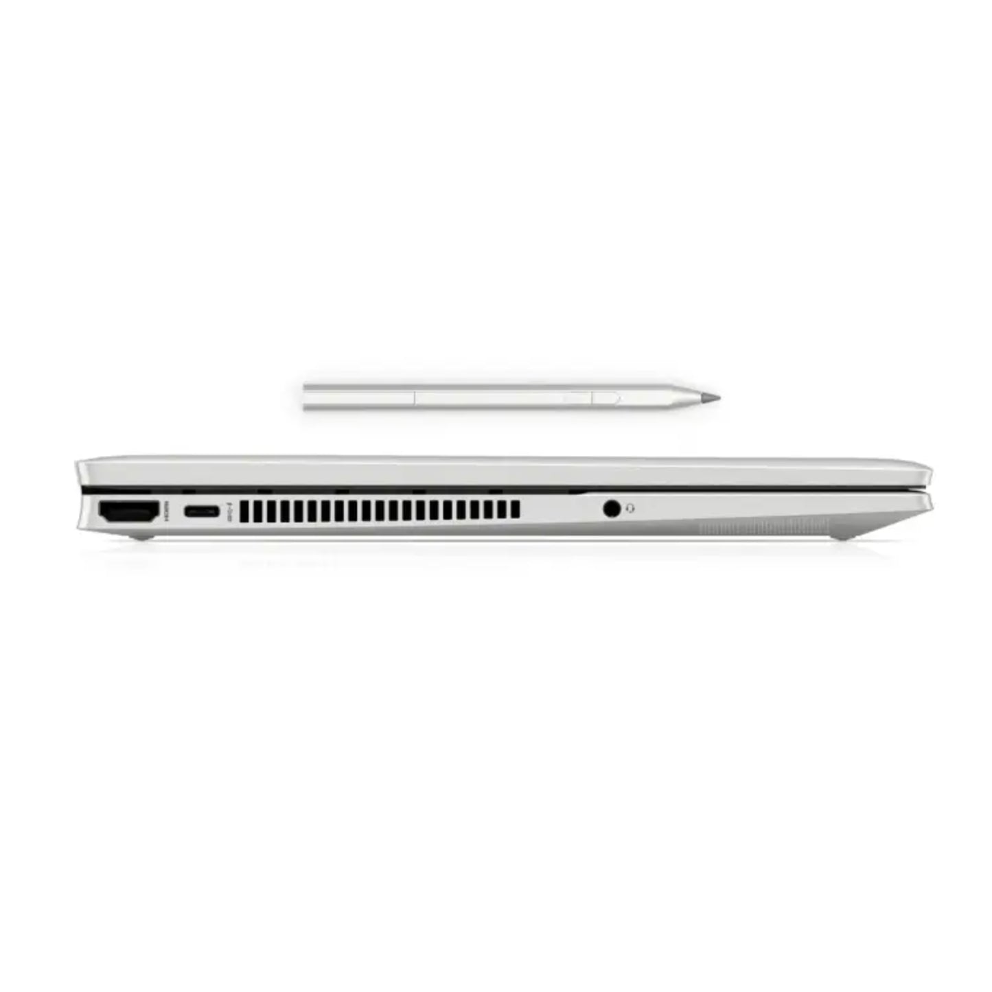 Laptop HP gris lateral con lápiz digital y puerto USB