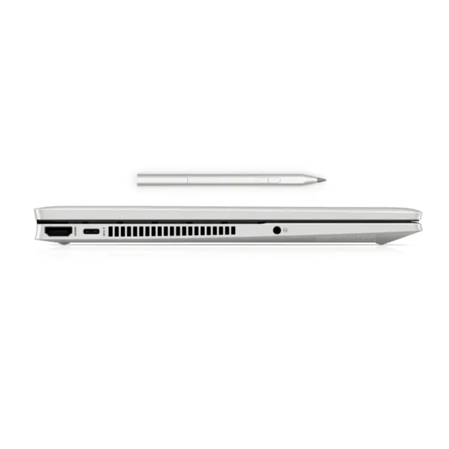 Laptop HP gris lateral con lápiz digital y puerto USB