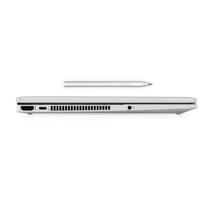 Laptop HP gris lateral con lápiz digital y puerto USB