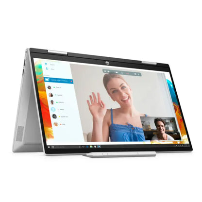 Laptop HP convertible gris, vista lateral, videollamada en curso
