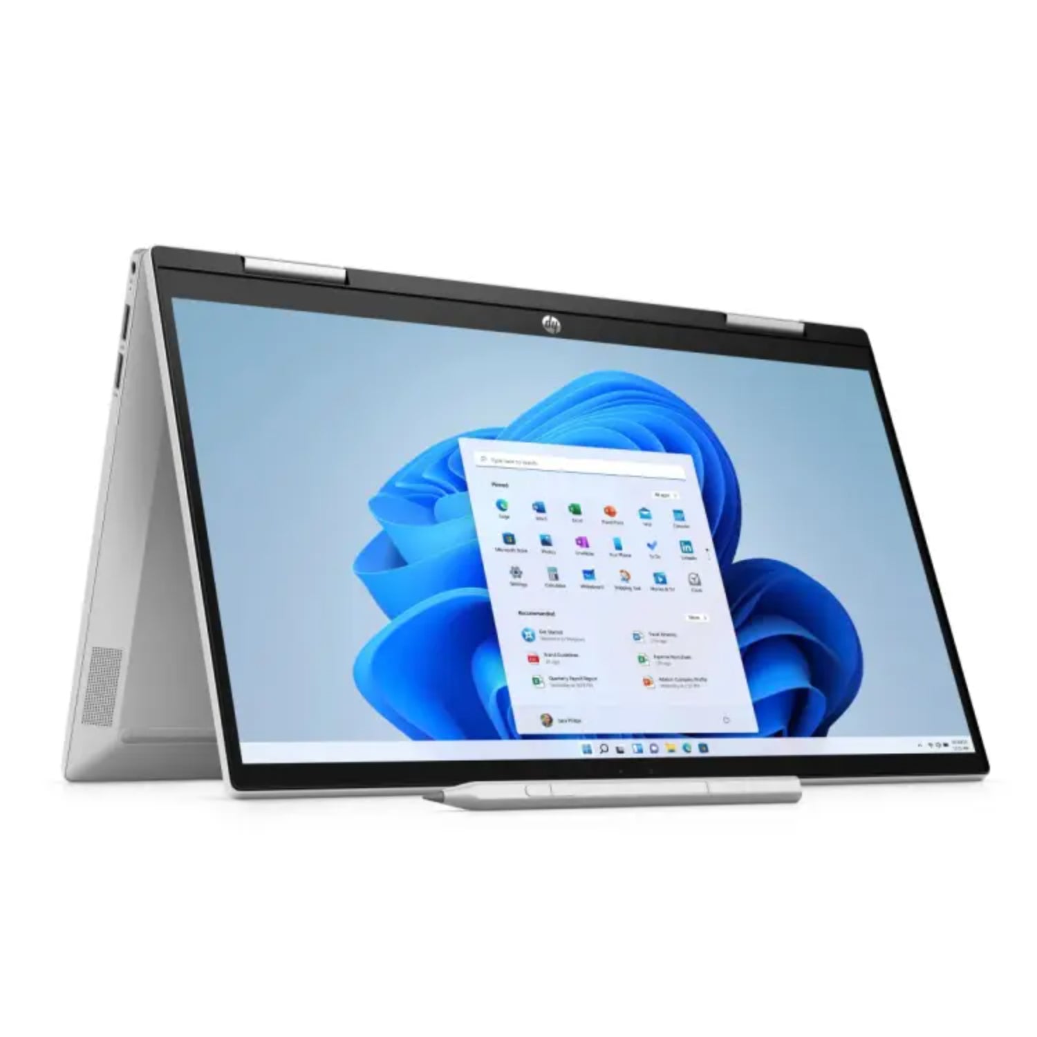 Laptop HP gris, vista lateral mostrando pantalla táctil y diseño moderno