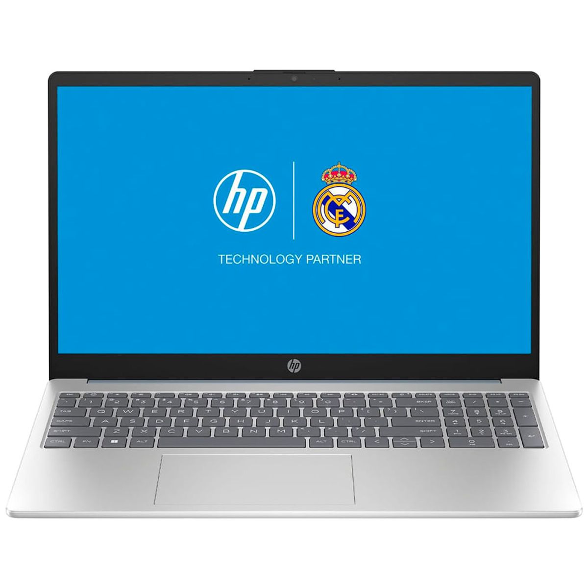 Laptop HP plateada frontal con logo del Real Madrid en pantalla