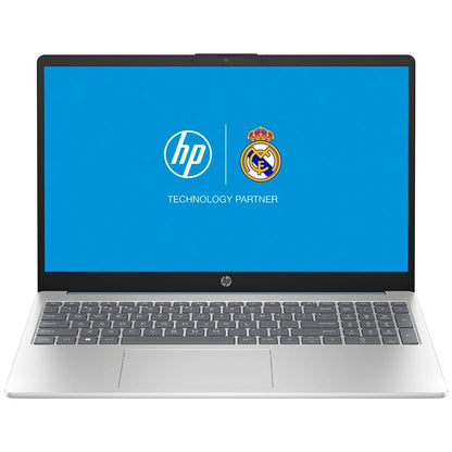Laptop HP plateada frontal con logo del Real Madrid en pantalla