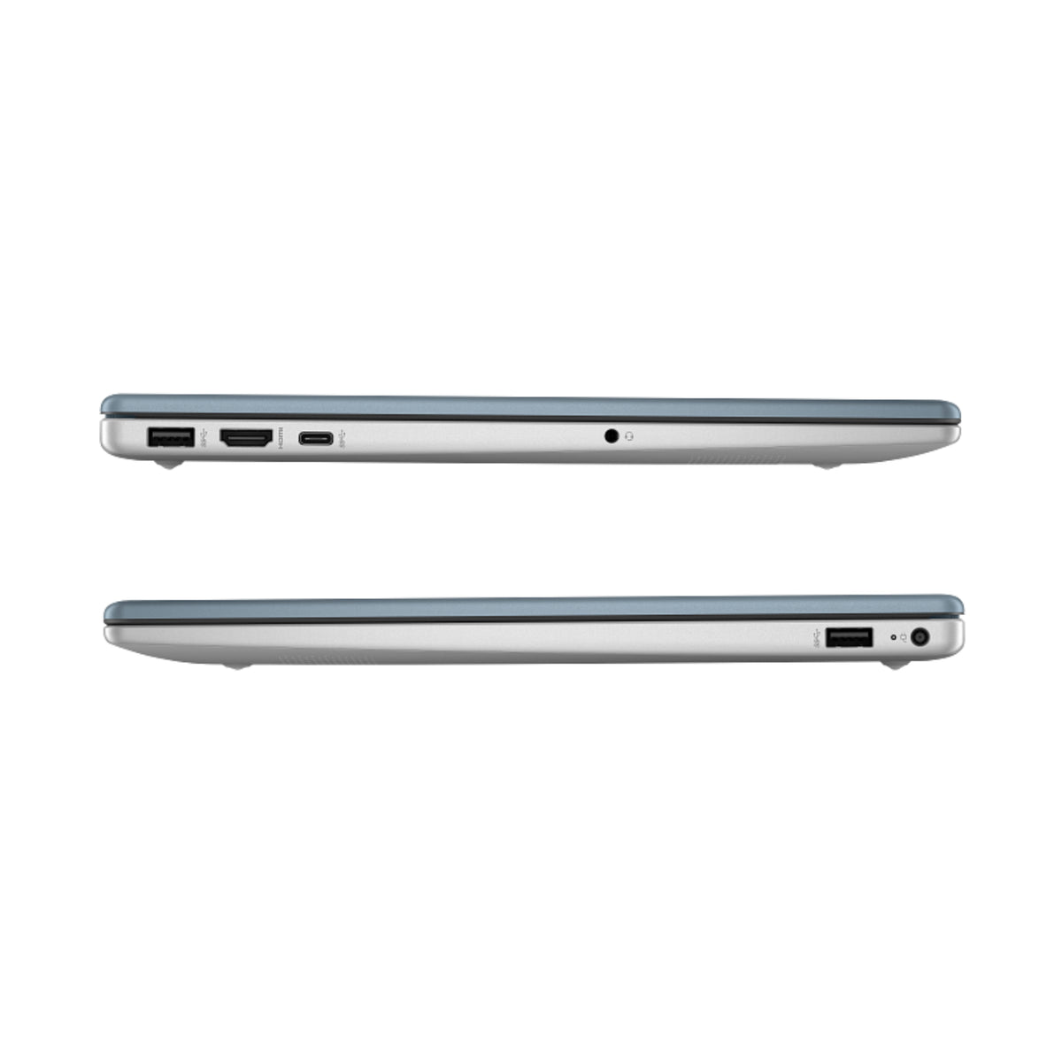 LAPTOP HP gris vista lateral, diseño delgado y puertos USB
