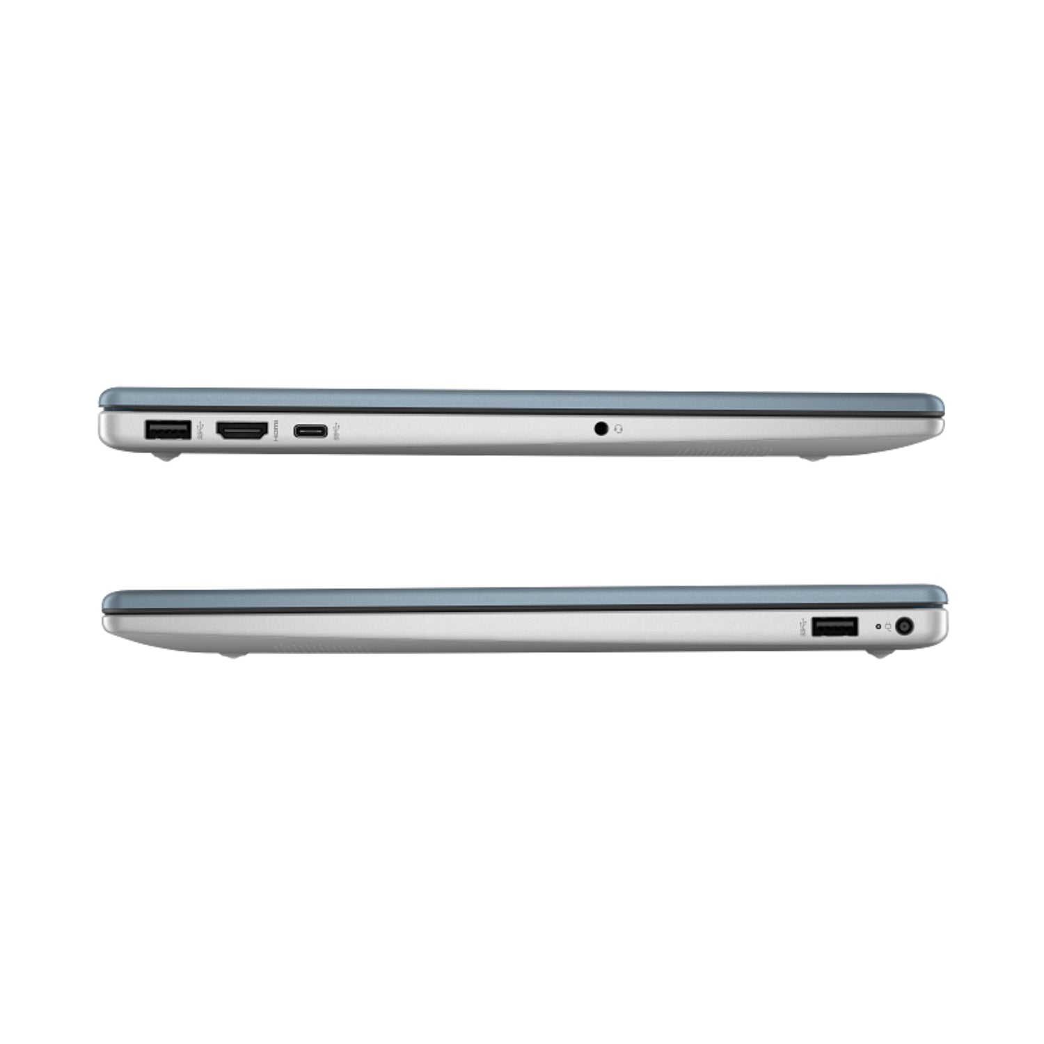 LAPTOP HP gris vista lateral, diseño delgado y puertos USB