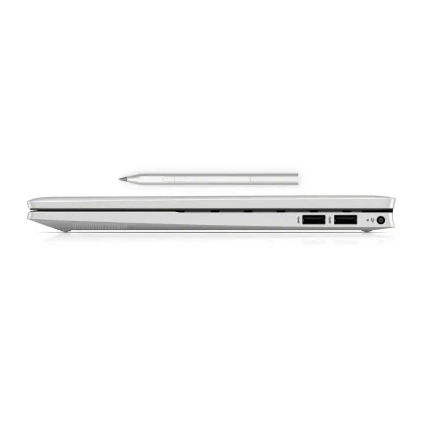 Laptop HP blanca lateral con stylus, ideal para trabajo y estudios