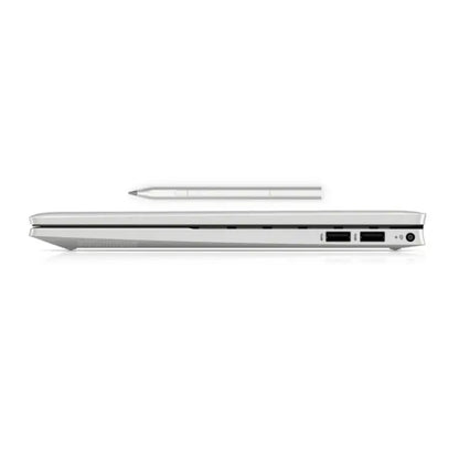 Laptop HP blanca lateral con stylus, ideal para trabajo y estudios