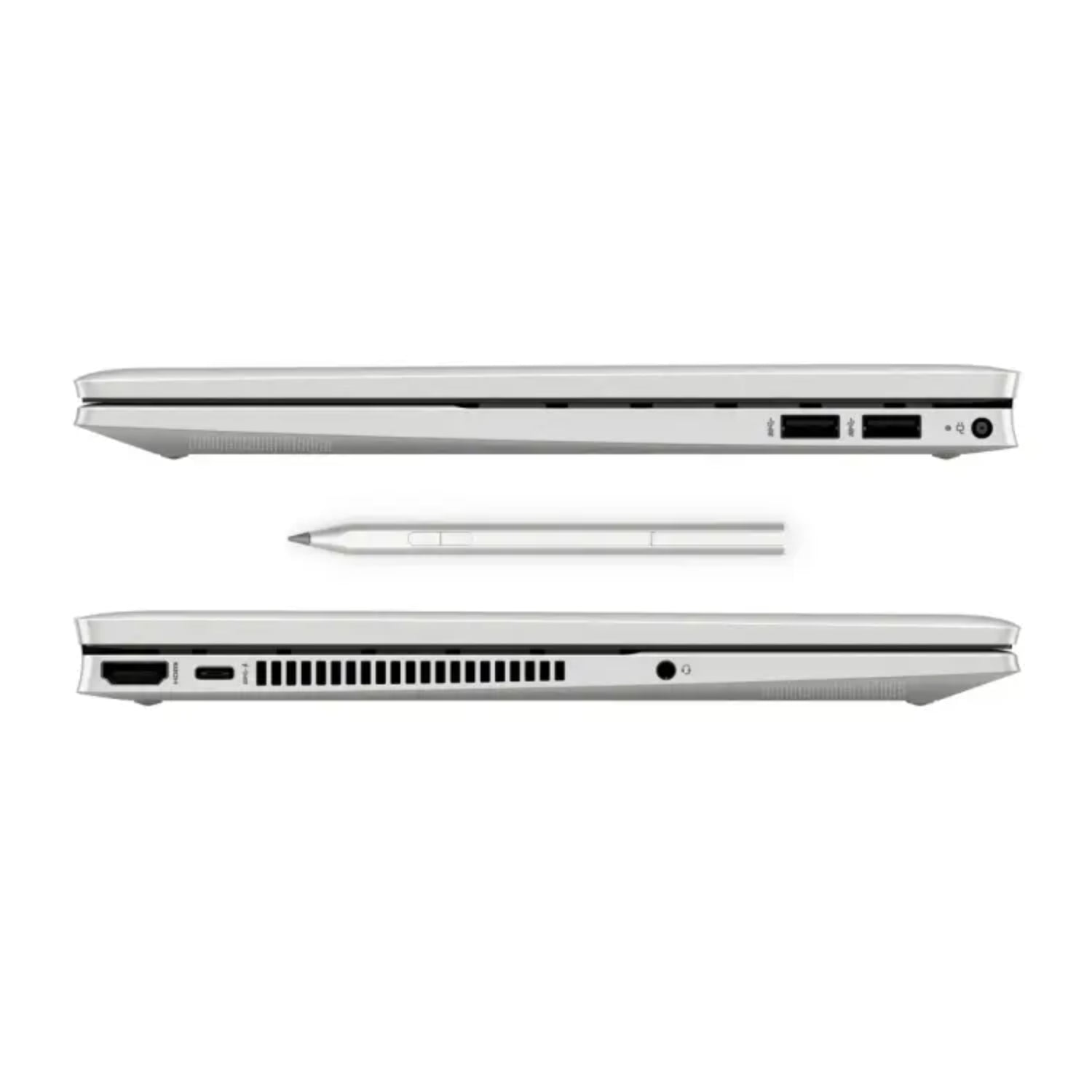 Laptop HP blanca vista lateral con lápiz digital