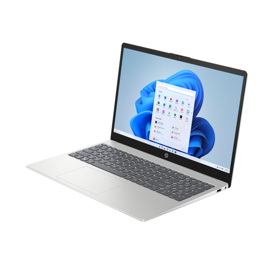 Laptop HP gris, vista lateral, pantalla con Windows 11 en uso
