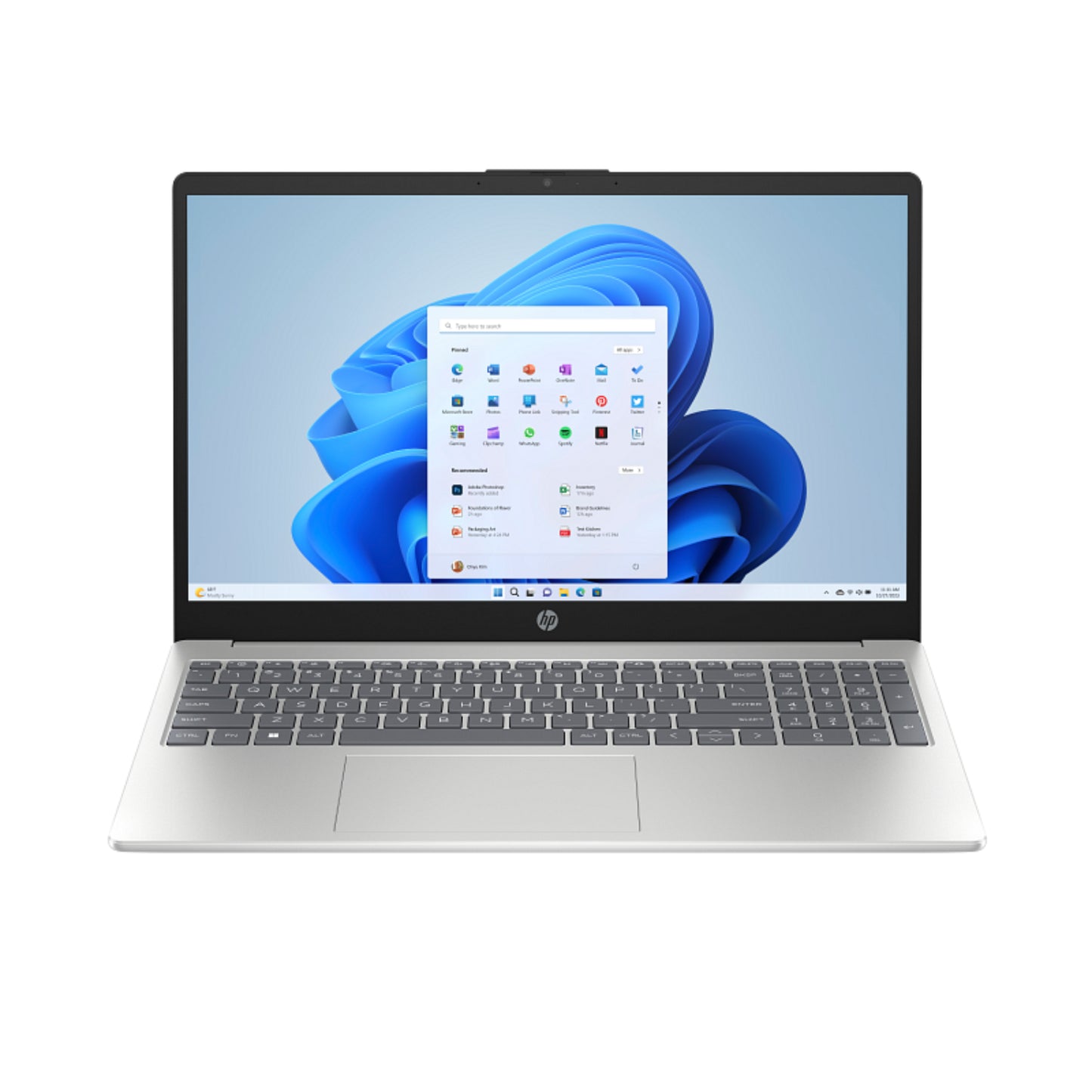 Laptop HP gris frontal, pantalla Windows 11 encendida