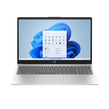 Laptop HP gris frontal, pantalla Windows 11 encendida