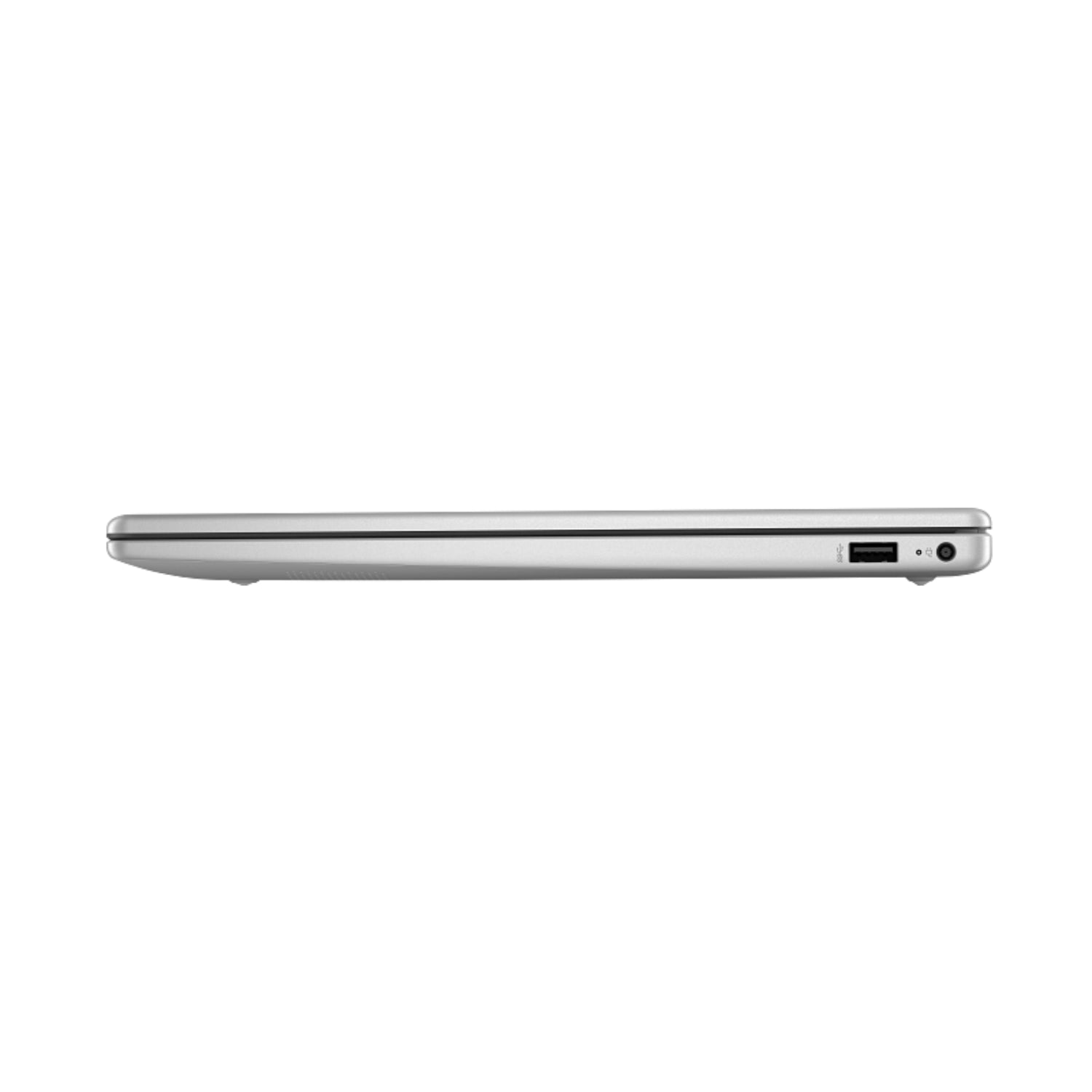 Laptop HP plateada, vista lateral con puertos USB