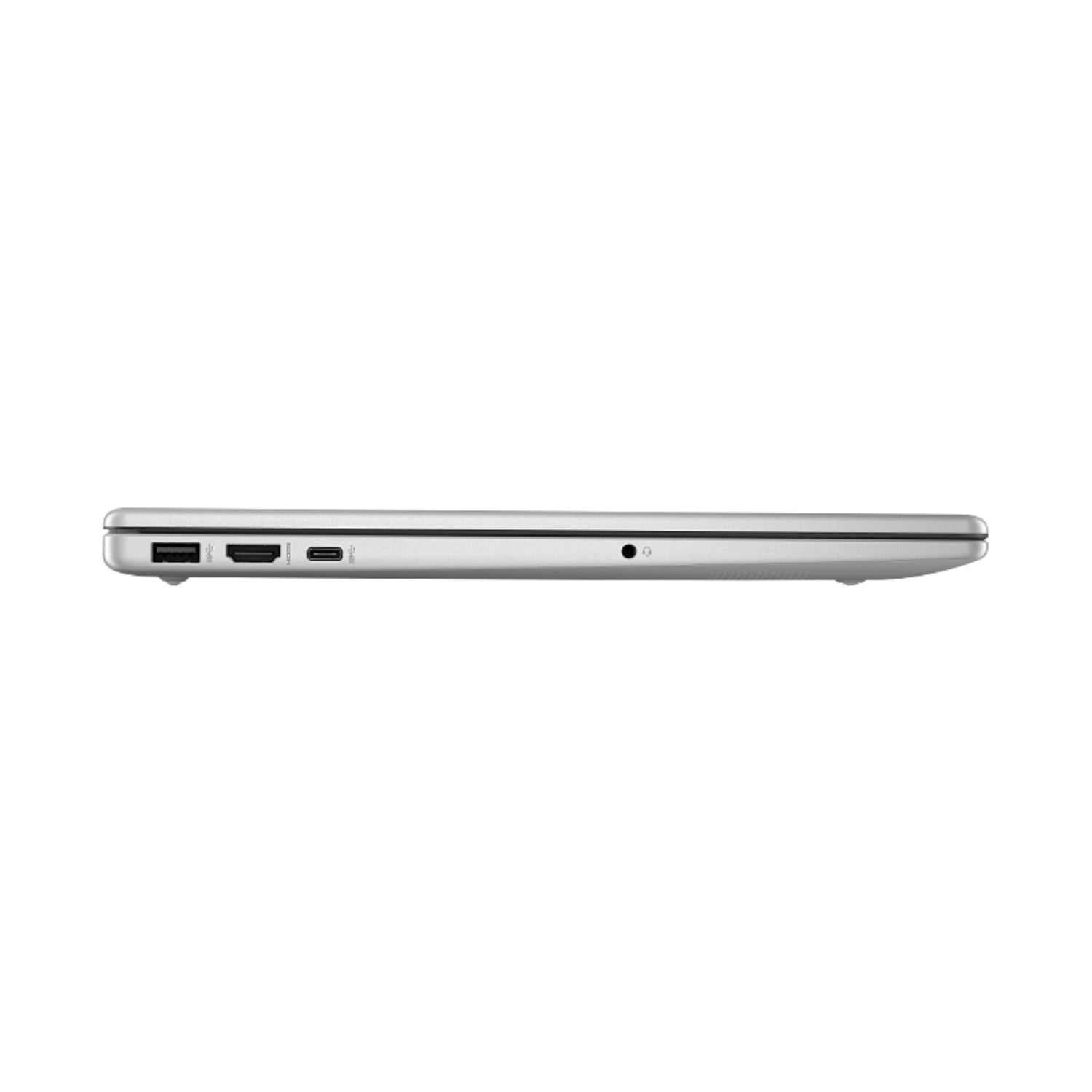 Laptop HP gris, vista lateral mostrando puertos y diseño delgado