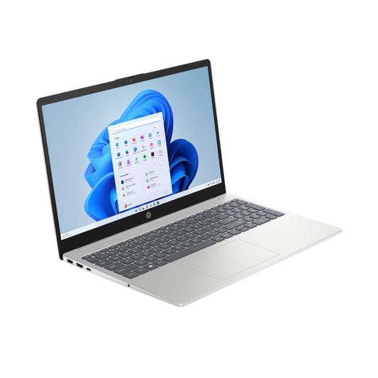 Laptop HP plateada, vista lateral con pantalla Windows 11