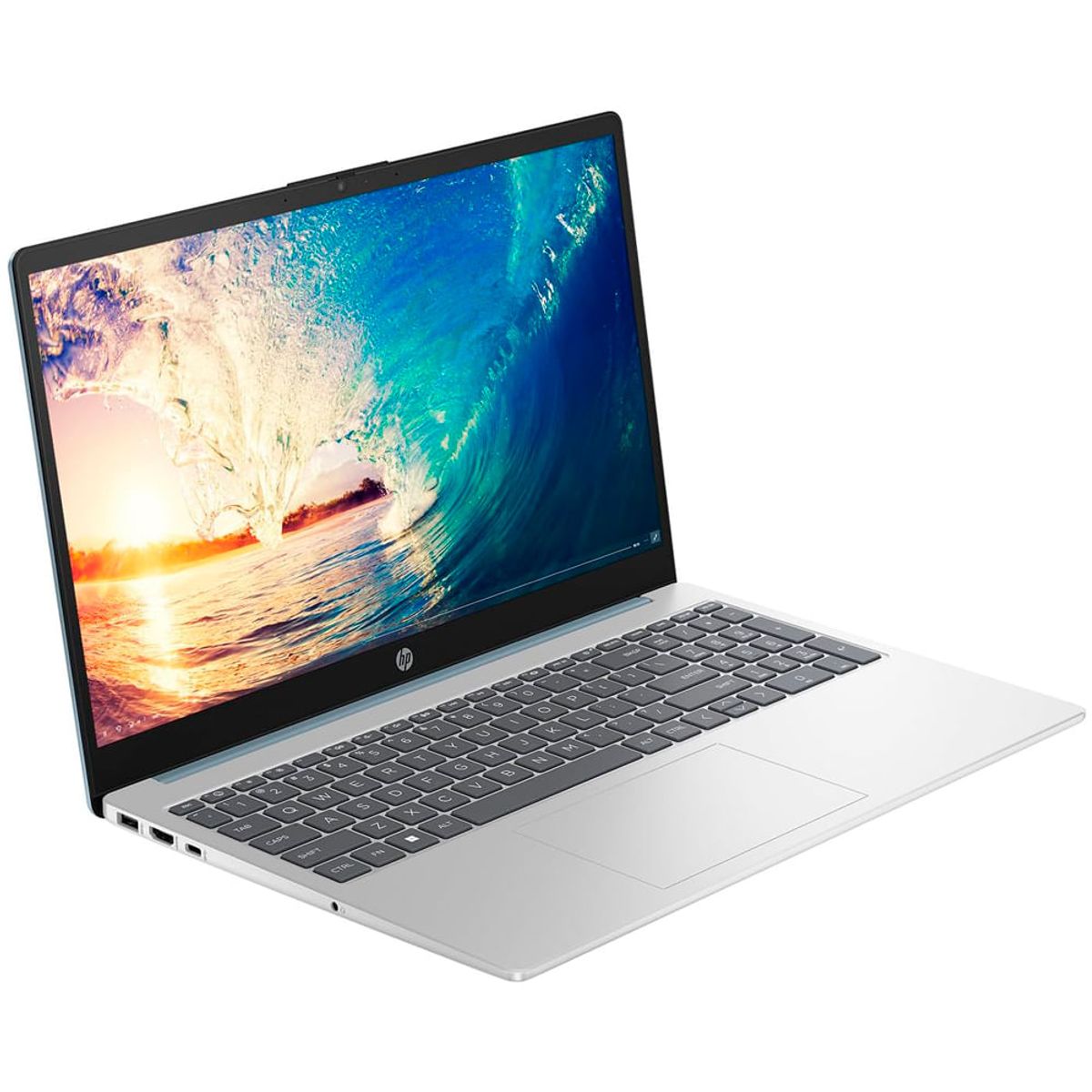 Laptop HP plata, vista lateral, ideal para trabajo y entretenimiento