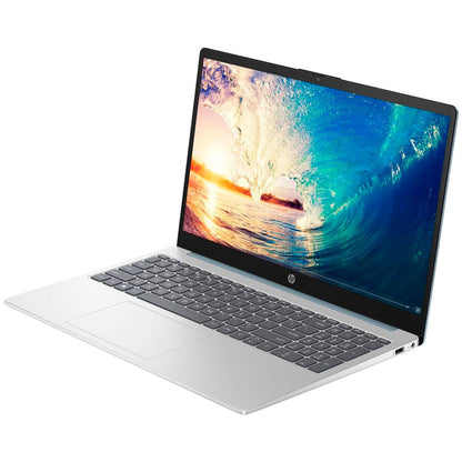 Laptop HP plateada vista lateral con pantalla brillante y colores vibrantes