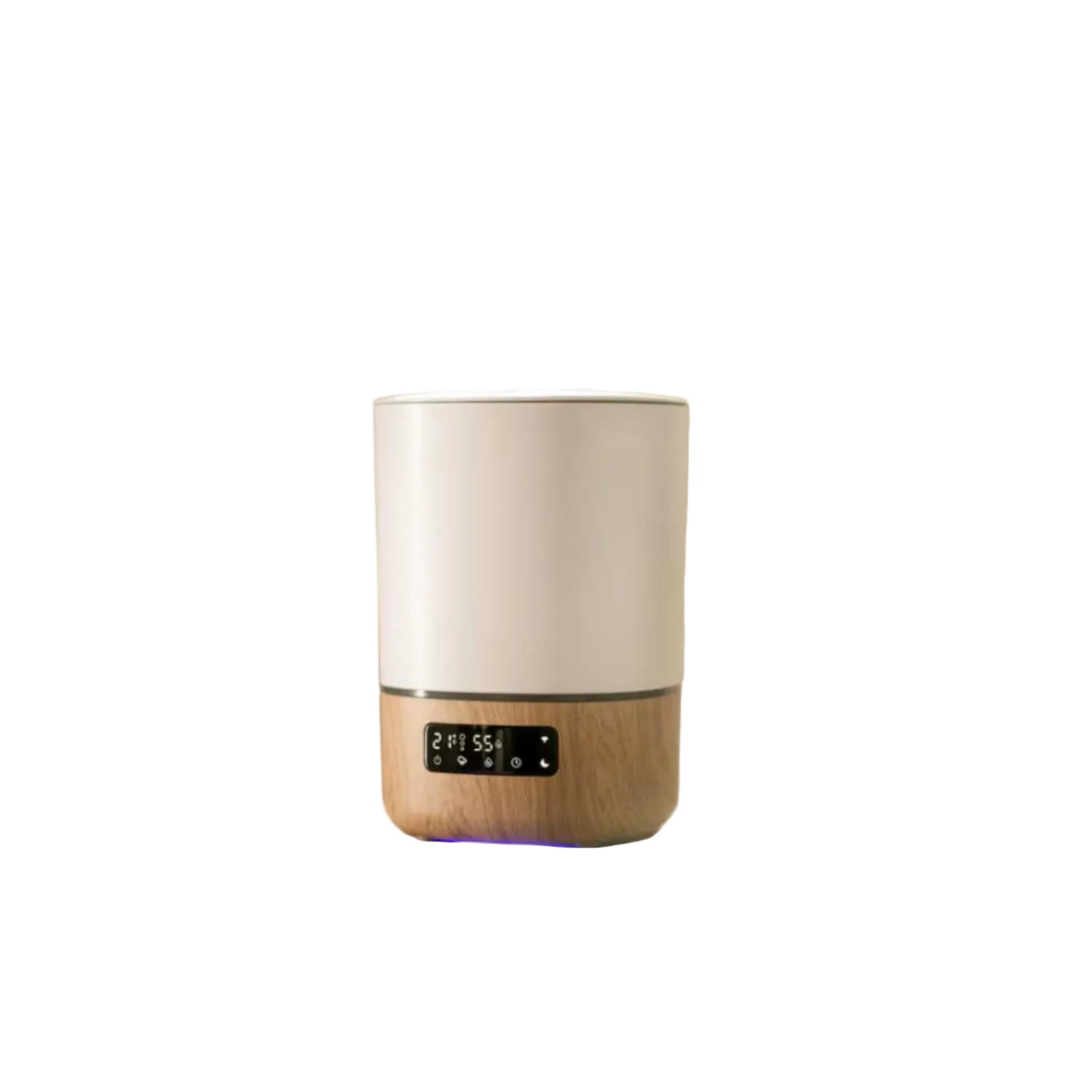 Humidificador inteligente blanco y madera, vista frontal, ideal para habitaciones