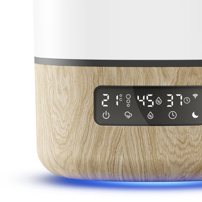 Humidificador inteligente blanco y madera, vista frontal con pantalla digital
