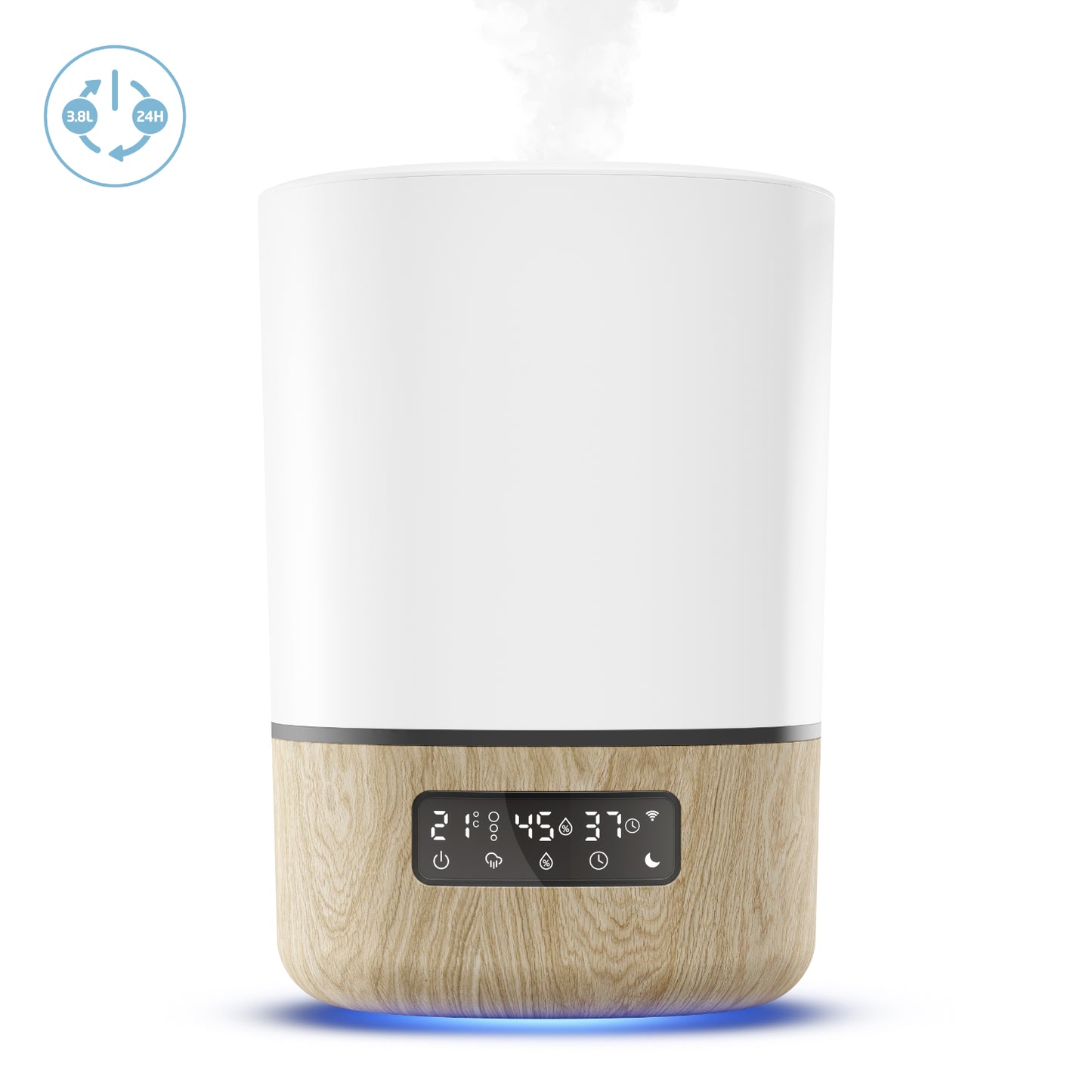 Humidificador inteligente blanco y madera, vista frontal con pantalla y vapor