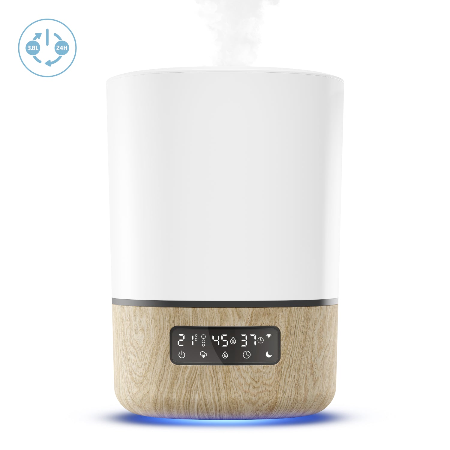 Humidificador inteligente blanco y madera, vista frontal con pantalla y vapor