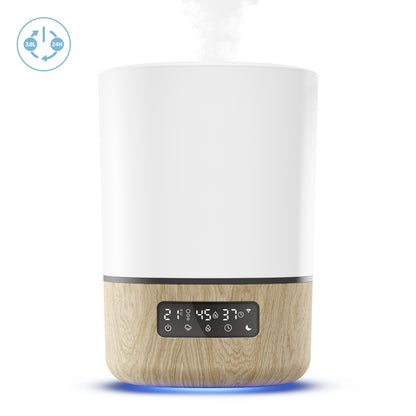 Humidificador inteligente blanco y madera, vista frontal con pantalla y vapor