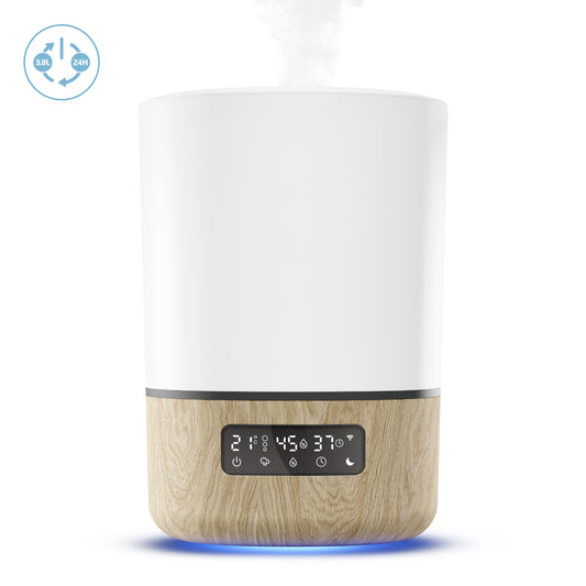 Humidificador inteligente blanco y madera, vista frontal con pantalla y vapor