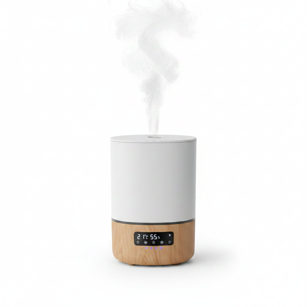 Humidificador inteligente blanco con base de madera, vista frontal en uso