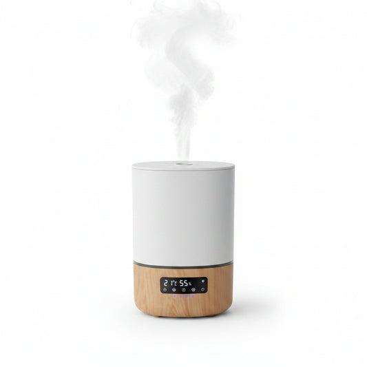Humidificador inteligente blanco con base de madera, vista frontal en uso