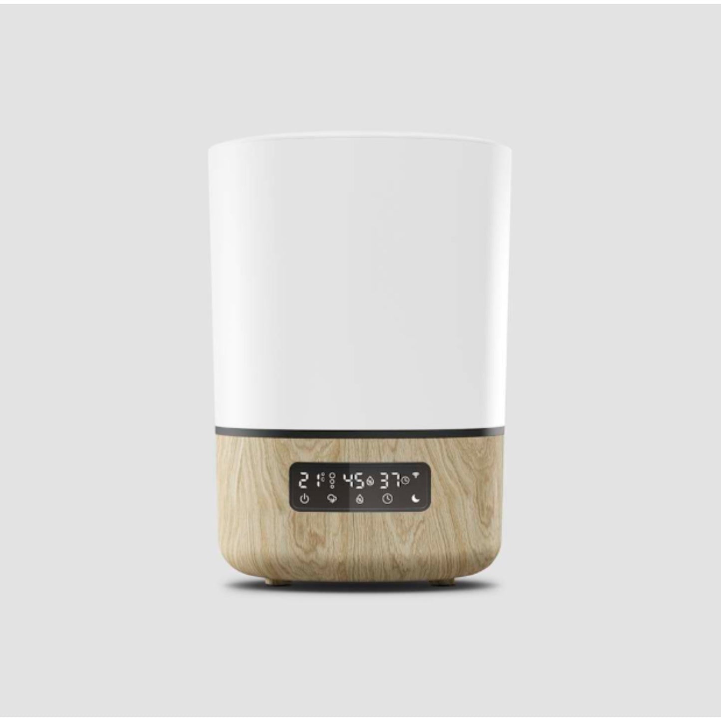 Humidificador inteligente blanco con base de madera, vista frontal y pantalla digital