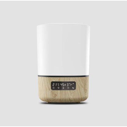 Humidificador inteligente blanco con base de madera, vista frontal y pantalla digital