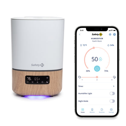 Humidificador inteligente blanco y madera con control de app móvil