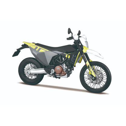Moto amarilla y negra vista lateral, juguete de colección