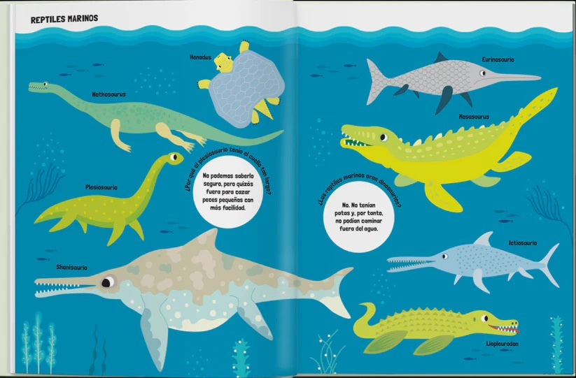 Reptiles marinos coloridos en océano, mostrando diferentes especies como mosasauro y pliosaurio