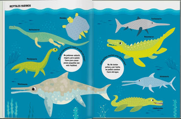 Reptiles marinos coloridos en océano, mostrando diferentes especies como mosasauro y pliosaurio
