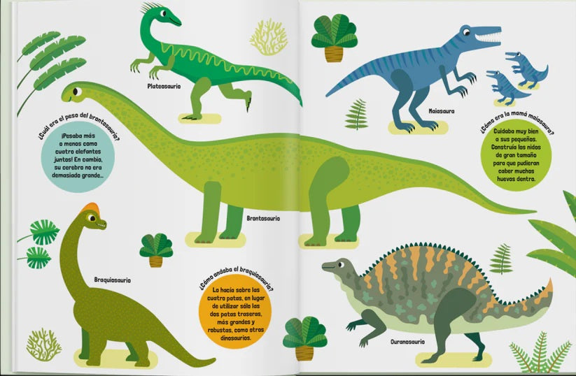 Ilustración de dinosaurios coloridos en un libro infantil, incluye brontosaurios y velocirraptores
